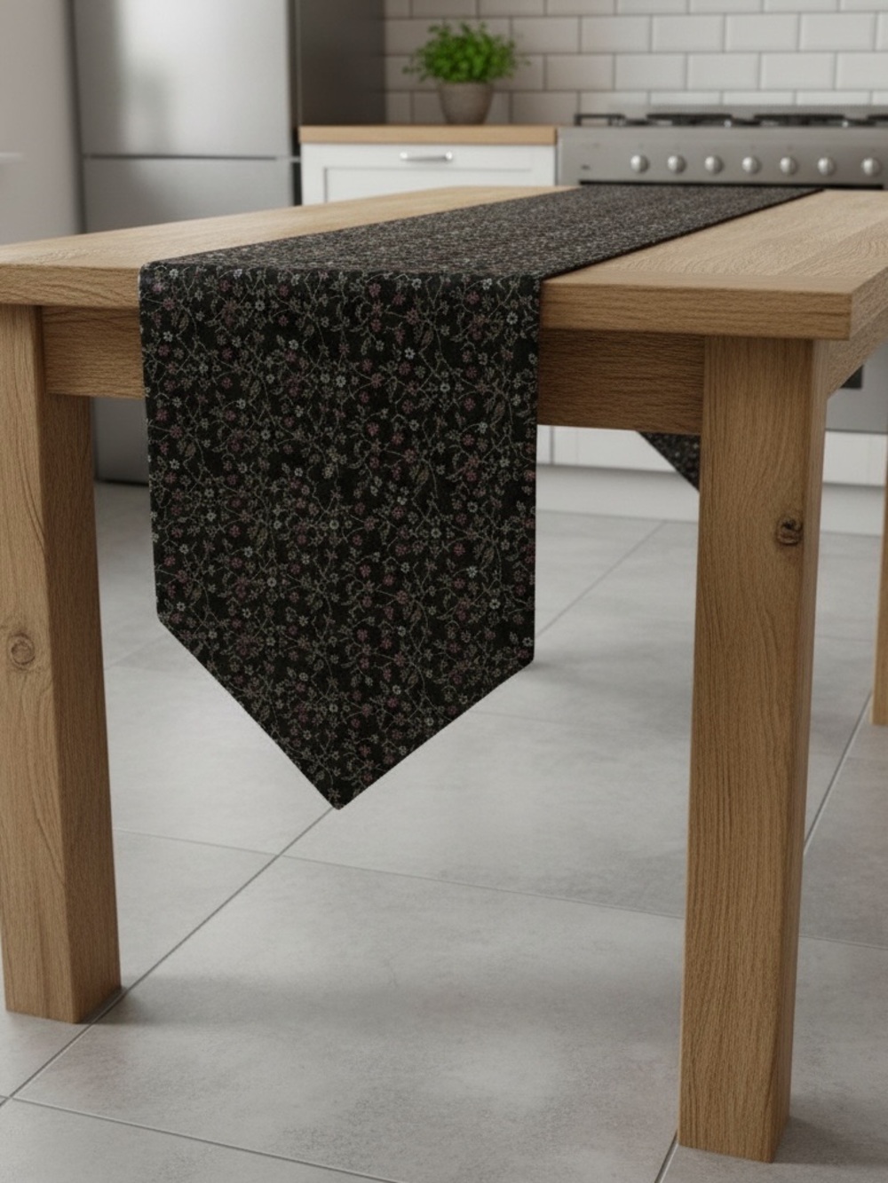 Handcrafted Reversible Table Runner Black Velvet and Ditsy Floral 11.5”x 60”